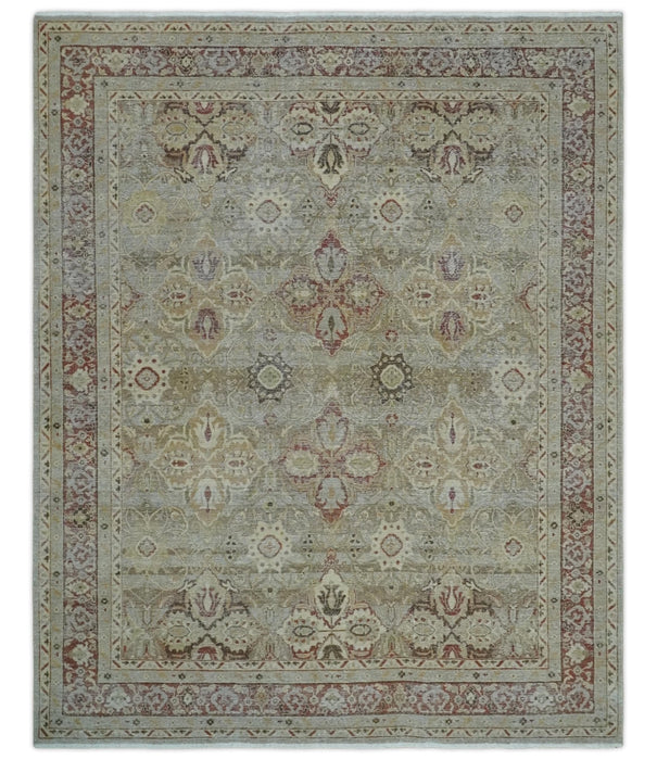Custom Made Hand Knotted Olive and Rust Distressed Traditional Antique Look Wool Rug