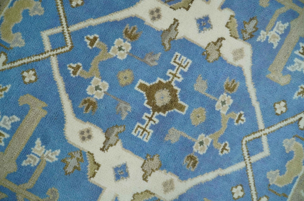 Custom Made Hand Knotted Oriental Oushak Blue and Ivory Wool Area Rug