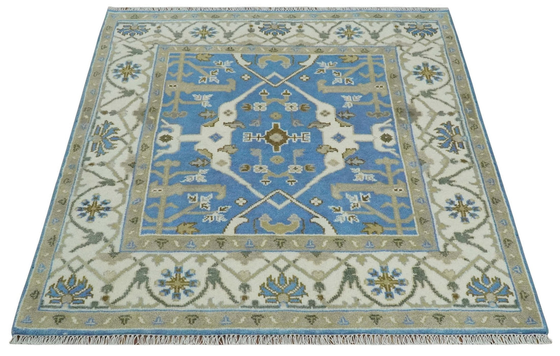 Custom Made Hand Knotted Oriental Oushak Blue and Ivory Wool Area Rug