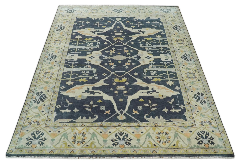 Custom Made Hand Knotted Oriental Oushak Charcoal, Ivory and Olive Wool Area Rug