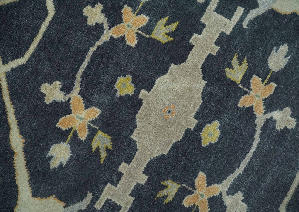 Custom Made Hand Knotted Oriental Oushak Charcoal, Ivory and Olive Wool Area Rug