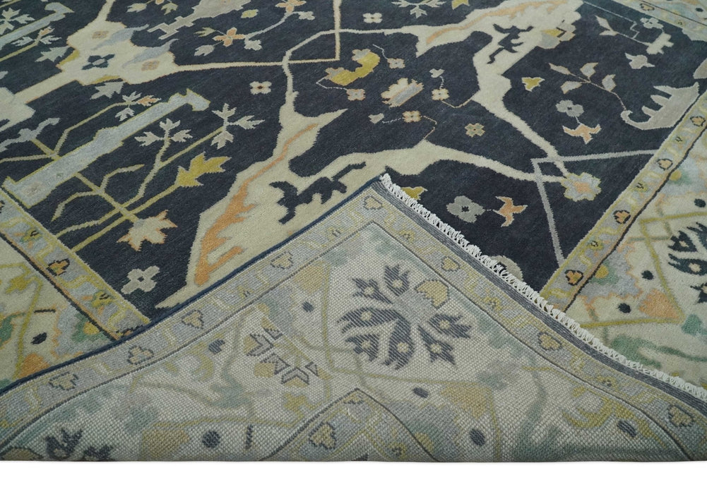 Custom Made Hand Knotted Oriental Oushak Charcoal, Ivory and Olive Wool Area Rug