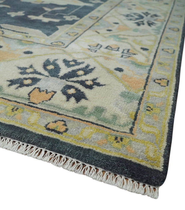 Custom Made Hand Knotted Oriental Oushak Charcoal, Ivory and Olive Wool Area Rug