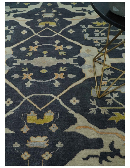 Custom Made Hand Knotted Oriental Oushak Charcoal, Ivory and Olive Wool Area Rug