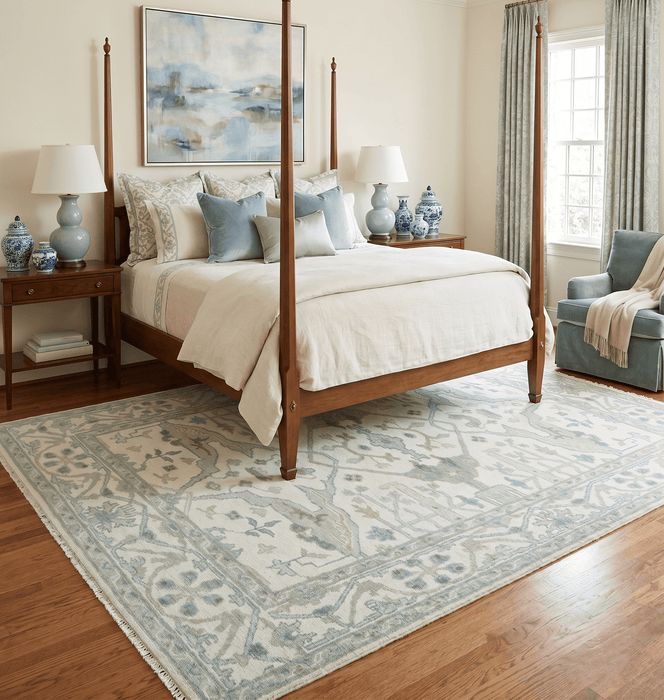 Custom Made Hand Knotted Oriental Oushak Ivory and Teal Wool Area Rug