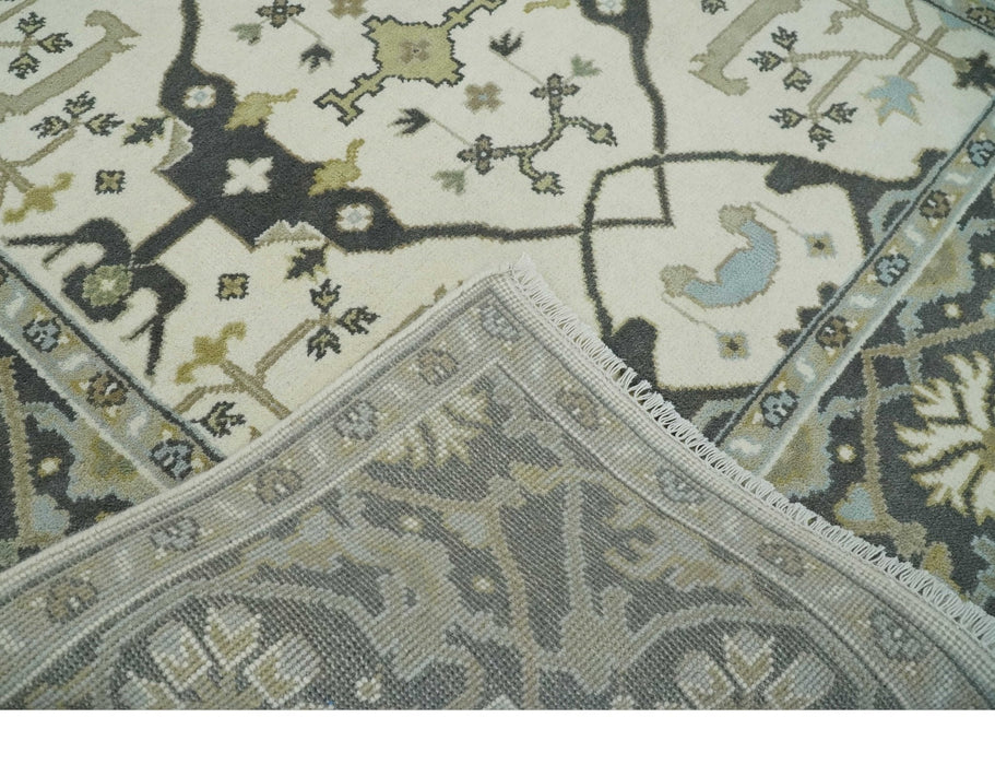 Custom made Hand Knotted Oriental Oushak Ivory, Charcoal and Olive Wool Area Rug