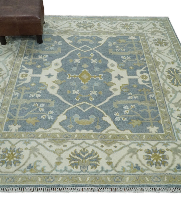 Custom Made Hand Knotted Oriental Oushak Ivory, Charcoal and Olive Wool Area Rug