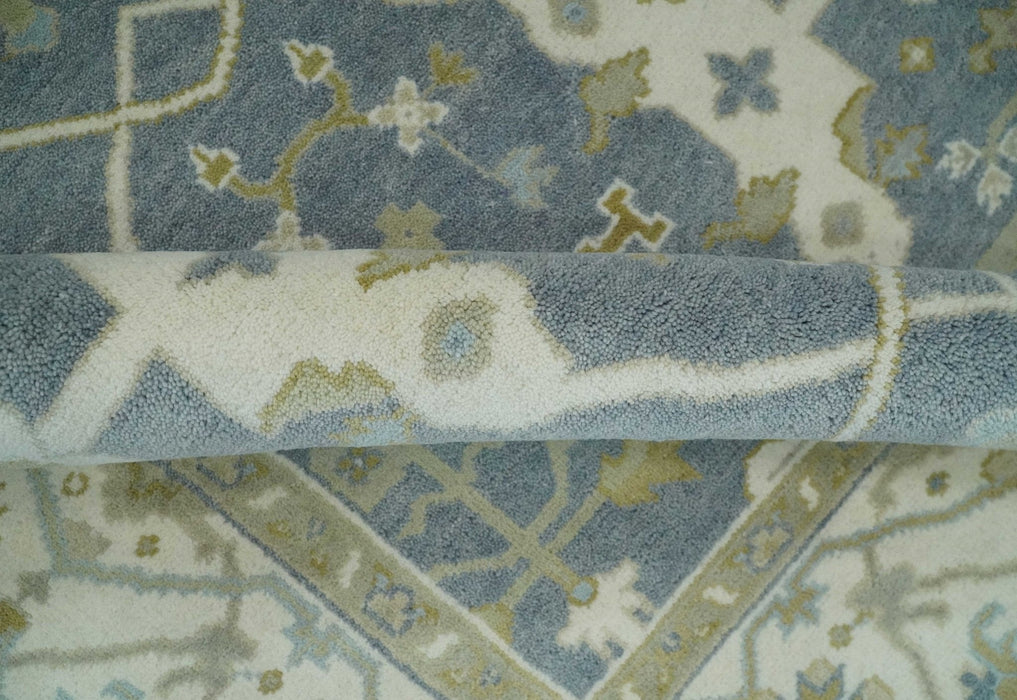Custom Made Hand Knotted Oriental Oushak Ivory, Charcoal and Olive Wool Area Rug