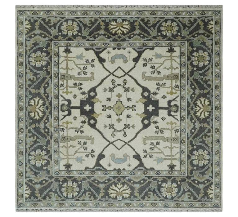 Custom made Hand Knotted Oriental Oushak Ivory, Charcoal and Olive Wool Area Rug