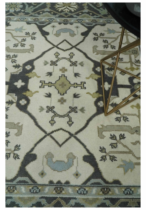 Custom made Hand Knotted Oriental Oushak Ivory, Charcoal and Olive Wool Area Rug