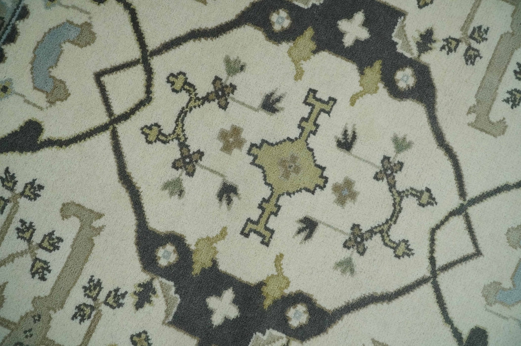 Custom made Hand Knotted Oriental Oushak Ivory, Charcoal and Olive Wool Area Rug