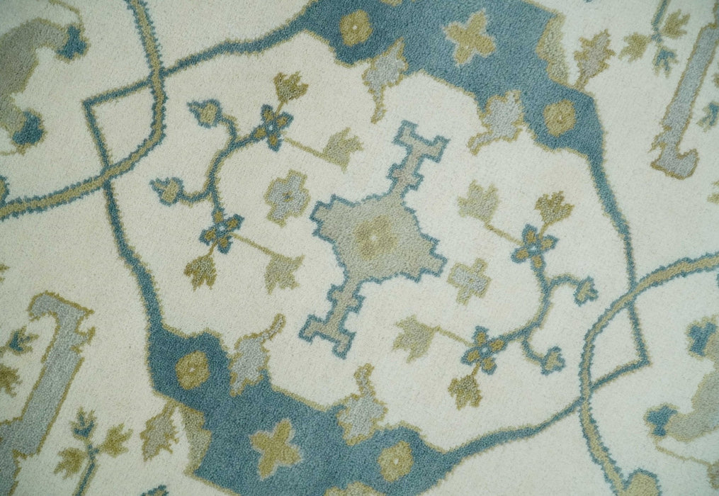 Custom Made Hand Knotted Oriental Oushak Ivory, Teal and Beige Wool Area Rug