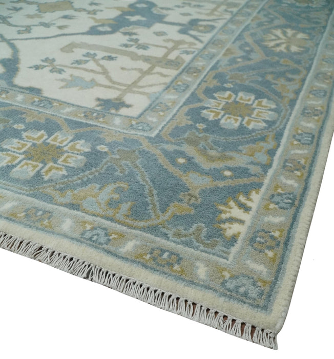 Custom Made Hand Knotted Oriental Oushak Ivory, Teal and Beige Wool Area Rug