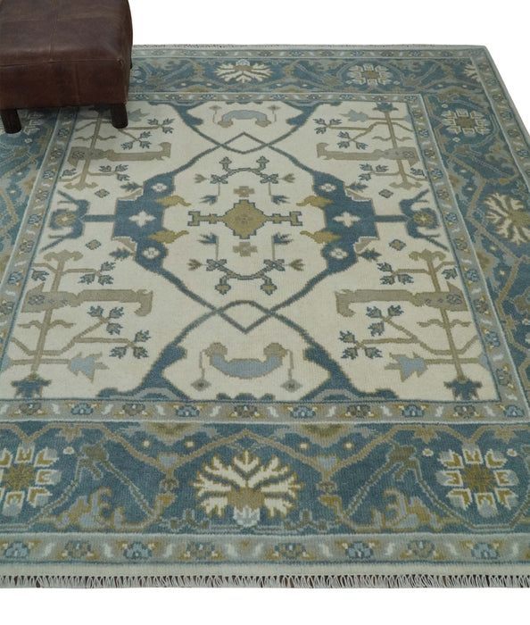 Custom Made Hand Knotted Oriental Oushak Ivory, Teal and Beige Wool Area Rug