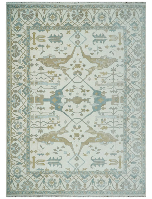 Custom Made Hand Knotted Oriental Oushak Ivory, Teal and Beige Wool Area Rug