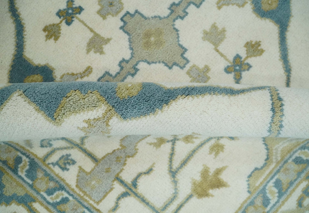 Custom Made Hand Knotted Oriental Oushak Ivory, Teal and Beige Wool Area Rug