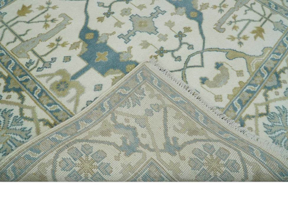 Custom Made Hand Knotted Oriental Oushak Ivory, Teal and Beige Wool Area Rug