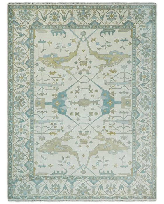 Custom Made Hand Knotted Oriental Oushak Ivory, Teal and Beige Wool Area Rug