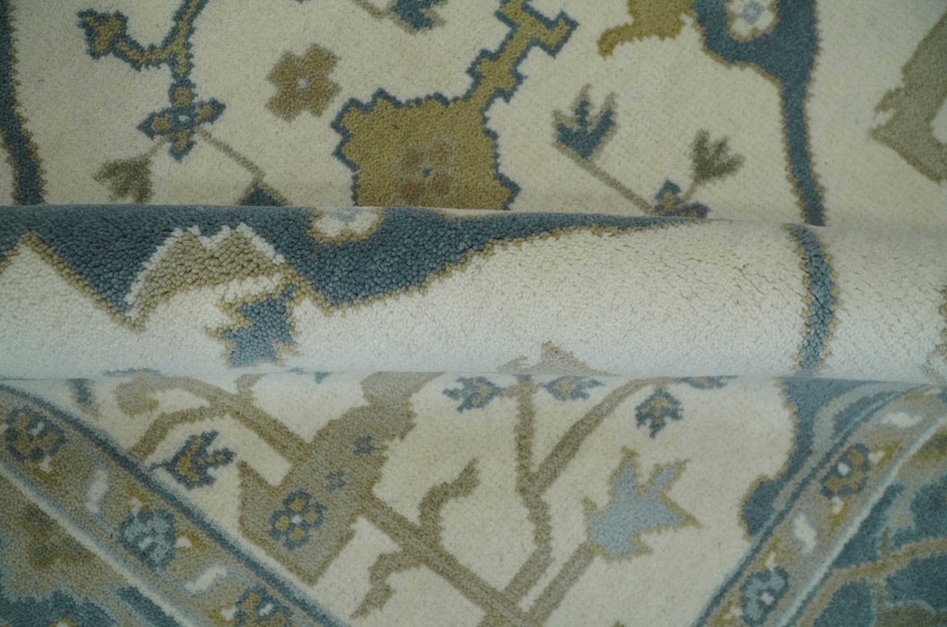 Custom Made Hand Knotted Oriental Oushak Ivory, Teal and Beige Wool Area Rug