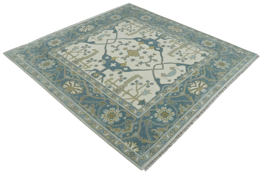 Custom Made Hand Knotted Oriental Oushak Ivory, Teal and Beige Wool Area Rug