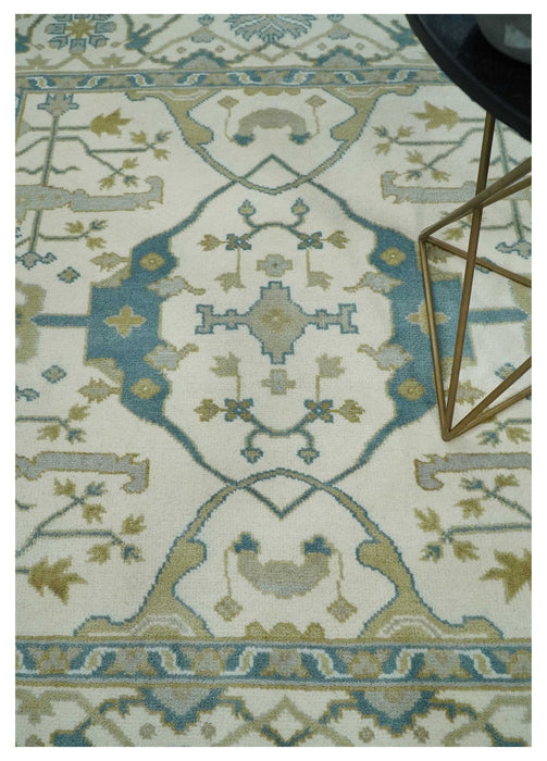 Custom Made Hand Knotted Oriental Oushak Ivory, Teal and Beige Wool Area Rug