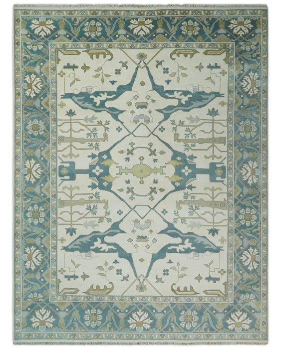 Custom Made Hand Knotted Oriental Oushak Ivory, Teal and Beige Wool Area Rug