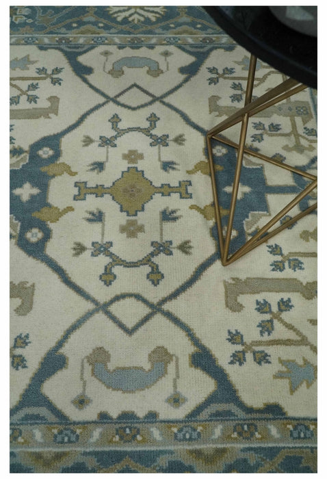Custom Made Hand Knotted Oriental Oushak Ivory, Teal and Beige Wool Area Rug