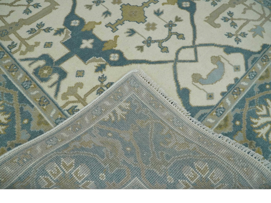 Custom Made Hand Knotted Oriental Oushak Ivory, Teal and Beige Wool Area Rug