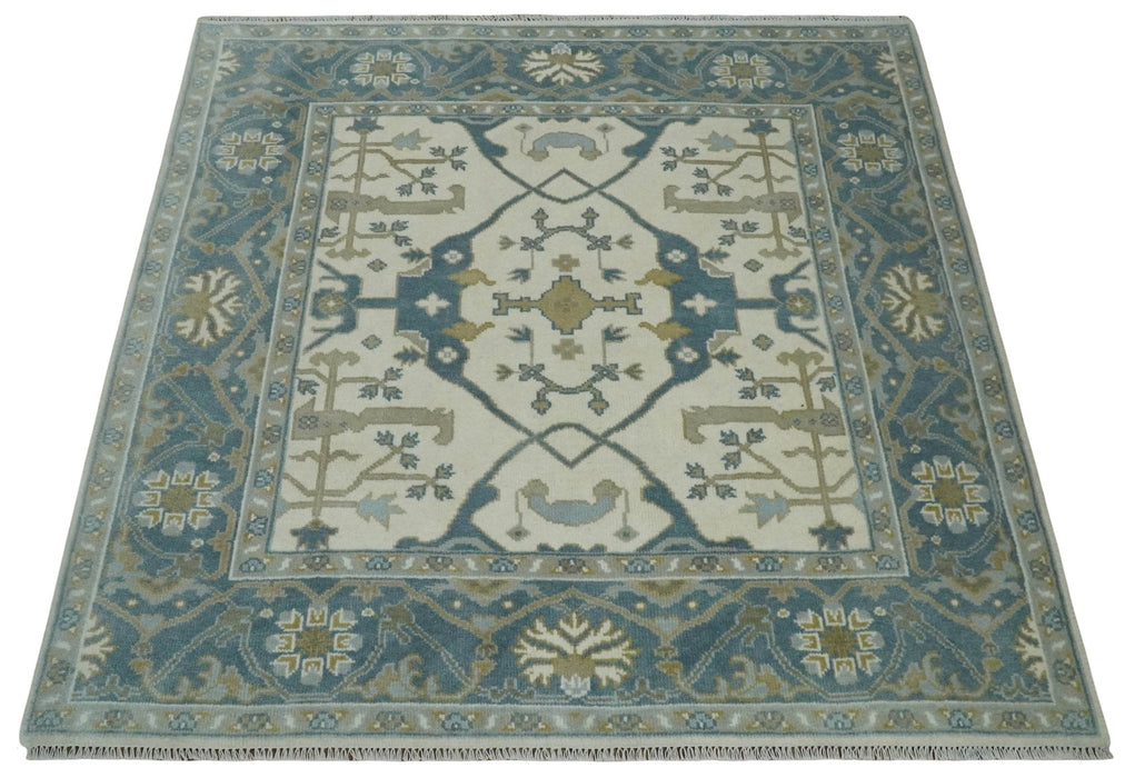 Custom Made Hand Knotted Oriental Oushak Ivory, Teal and Beige Wool Area Rug