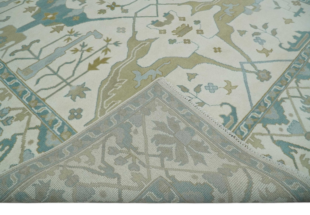 Custom Made Hand Knotted Oriental Oushak Ivory, Teal and Beige Wool Area Rug