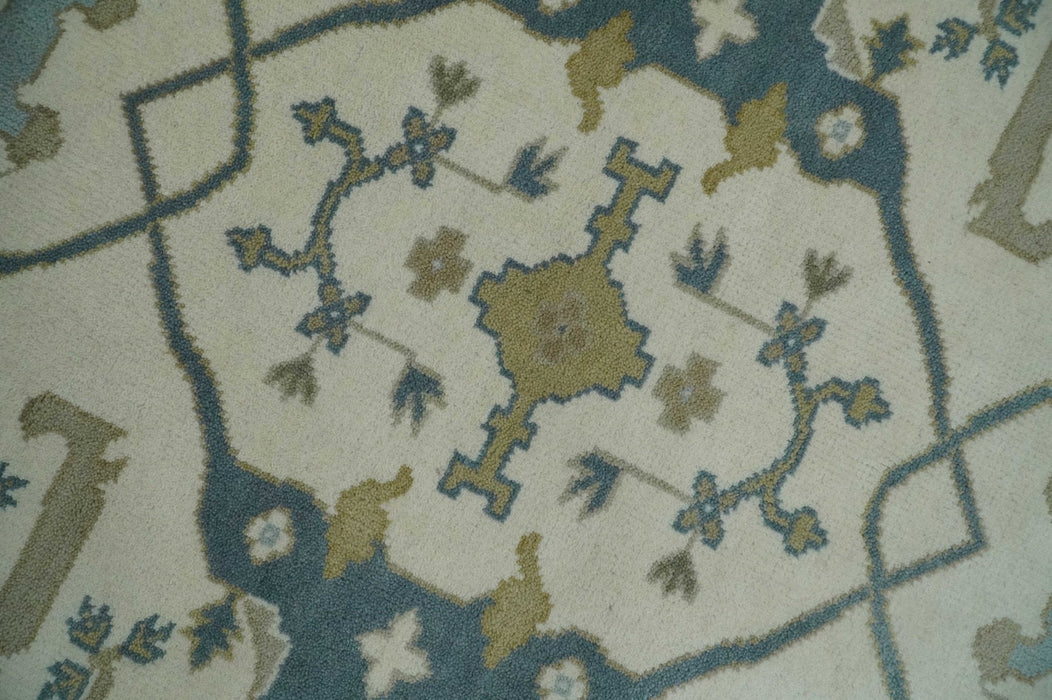 Custom Made Hand Knotted Oriental Oushak Ivory, Teal and Beige Wool Area Rug