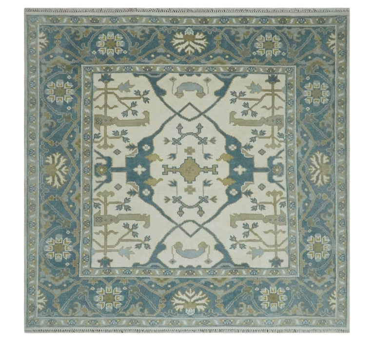 Custom Made Hand Knotted Oriental Oushak Ivory, Teal and Beige Wool Area Rug