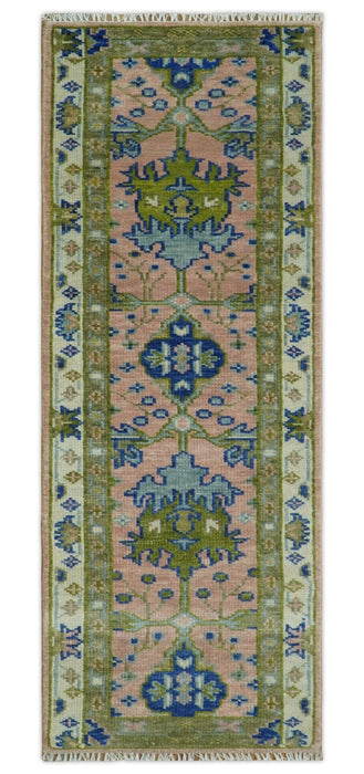 Custom Made Hand knotted Peach, Green and Blue Antique Design Area Rug