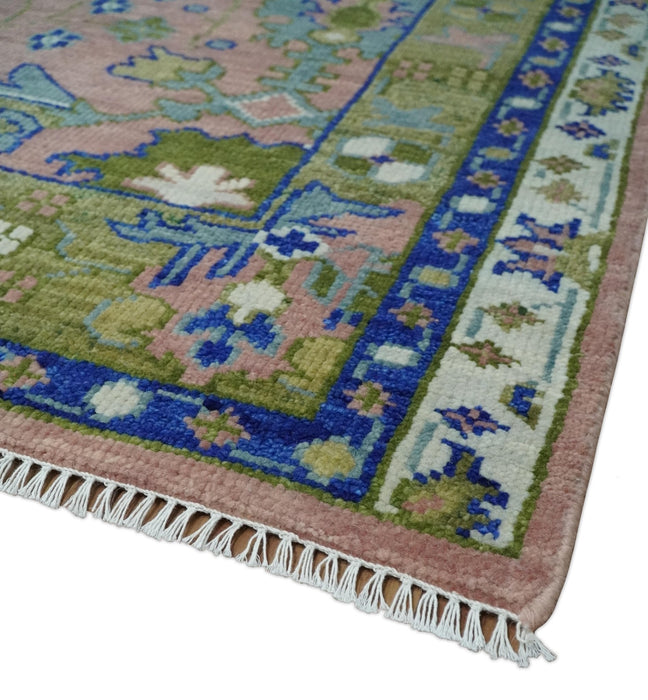 Custom Made Hand knotted Peach, Green and Blue Antique Design Area Rug