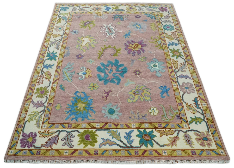 Custom Made Hand Knotted Pink and Ivory Colorful Oushak Rug
