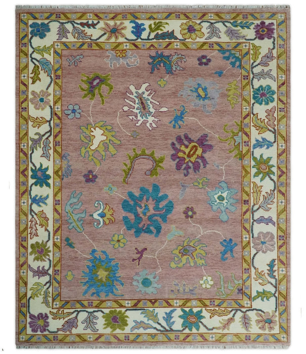 Custom Made Hand Knotted Pink and Ivory Colorful Oushak Rug