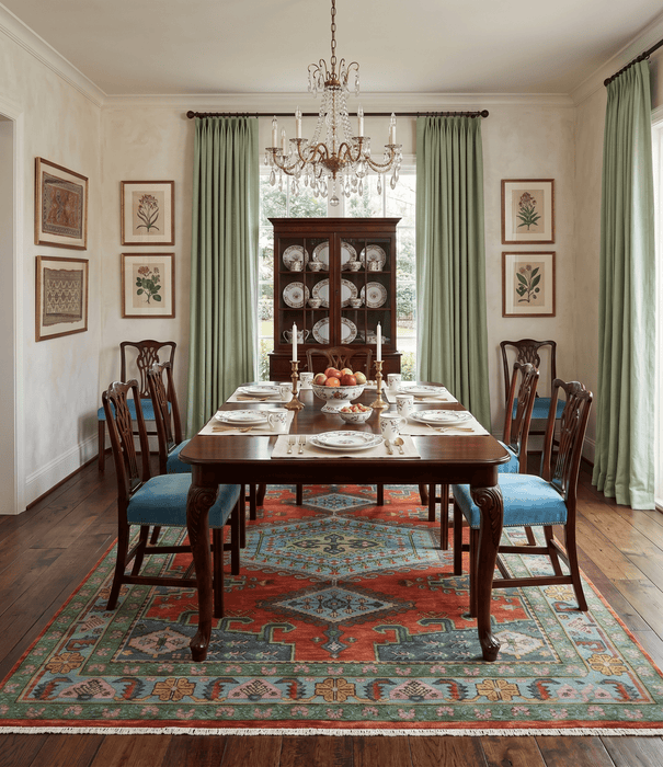 Custom Made Hand Knotted Red, Blue and Olive Traditional Antique Style Wool Rug