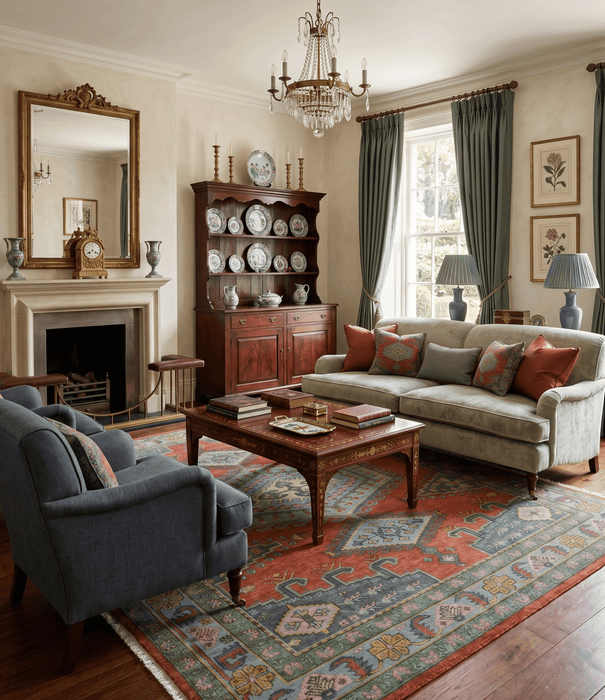 Custom Made Hand Knotted Red, Blue and Olive Traditional Antique Style Wool Rug