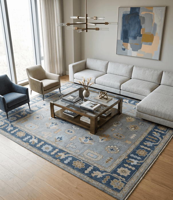 Custom Made Hand knotted Silver and Blue Traditional Oushak wool Area Rug