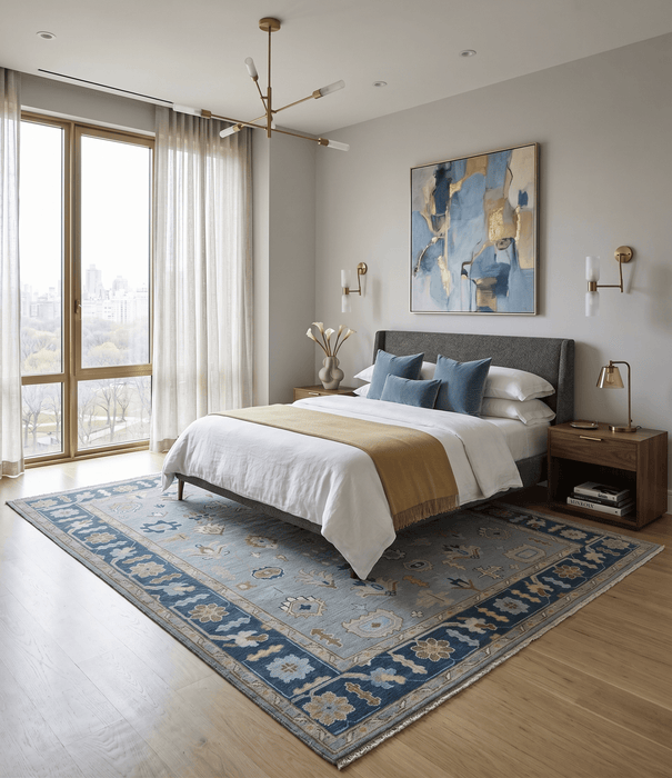 Custom Made Hand knotted Silver and Blue Traditional Oushak wool Area Rug