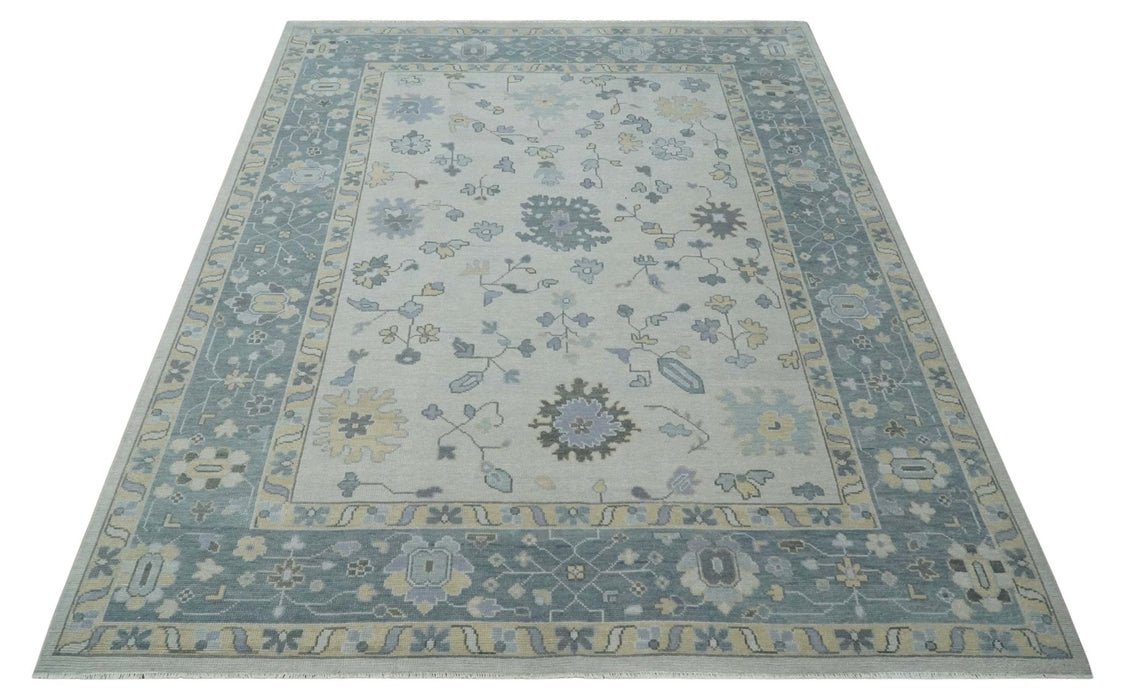 Custom Made Hand Knotted Silver, Blue and Beige Traditional Oushak Wool Area Rug