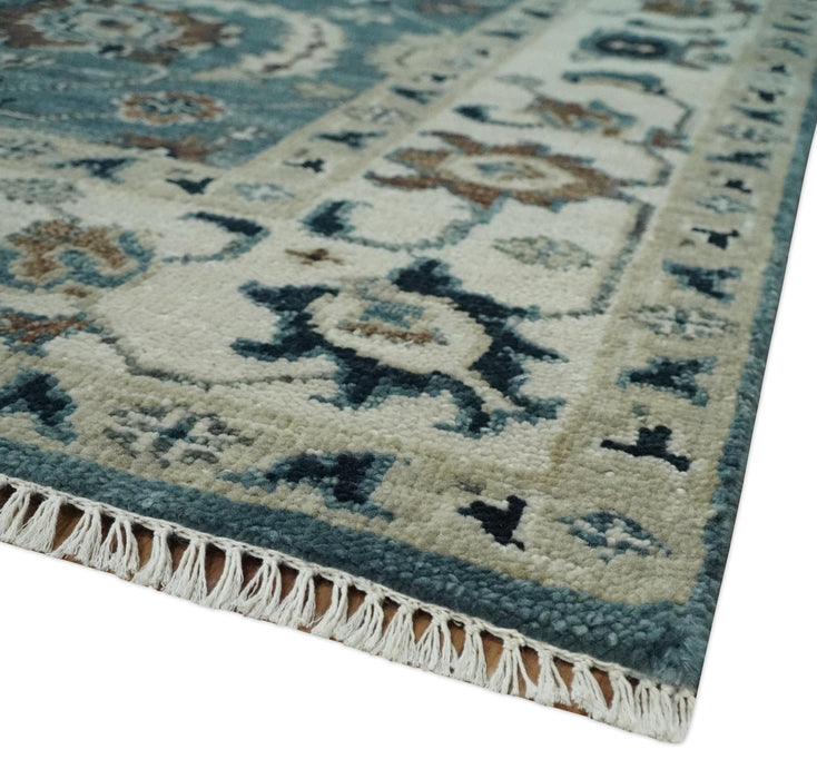 Custom Made Hand Knotted Teal and Ivory Traditional Antique Style Wool Area Rug