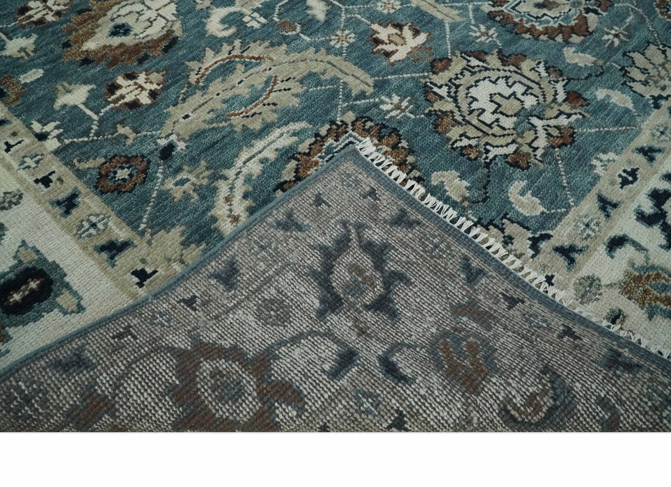 Custom Made Hand Knotted Teal and Ivory Traditional Antique Style Wool Area Rug