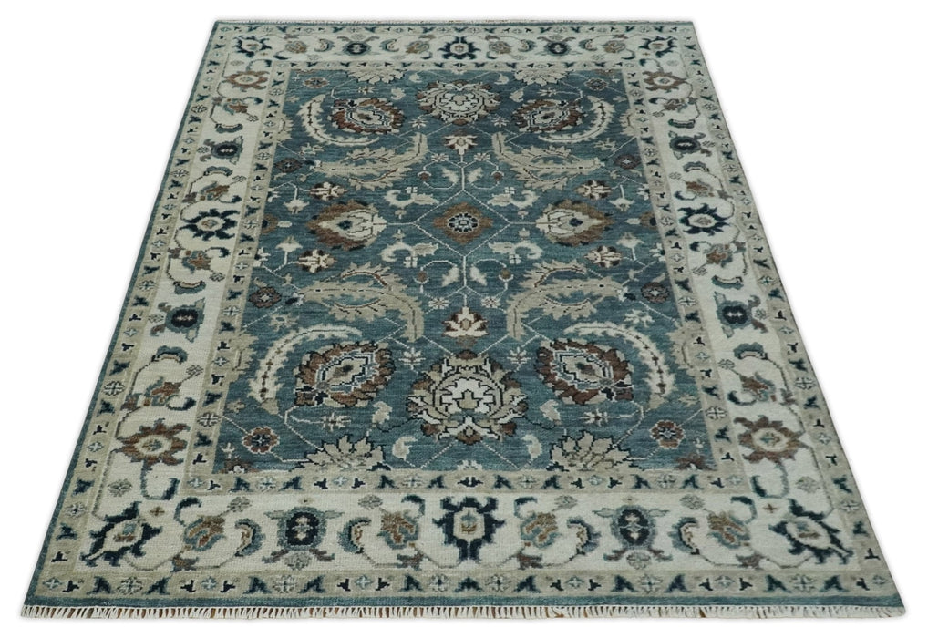 Custom Made Hand Knotted Teal and Ivory Traditional Antique Style Wool Area Rug