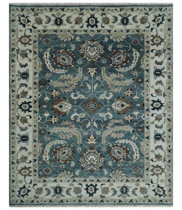 Custom Made Hand Knotted Teal and Ivory Traditional Antique Style Wool Area Rug
