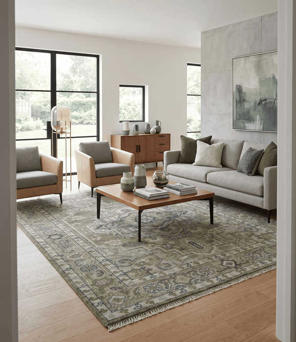 Custom Made Hand Knotted Traditional Green, Silver and Charcoal wool area rug