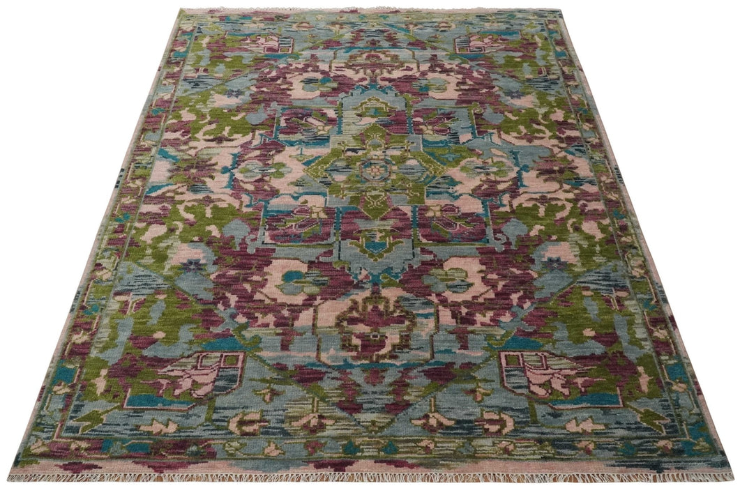 Custom Made Hand Knotted Transitional Green, Pink and Purple wool Area Rug