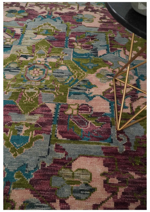 Custom Made Hand Knotted Transitional Green, Pink and Purple wool Area Rug