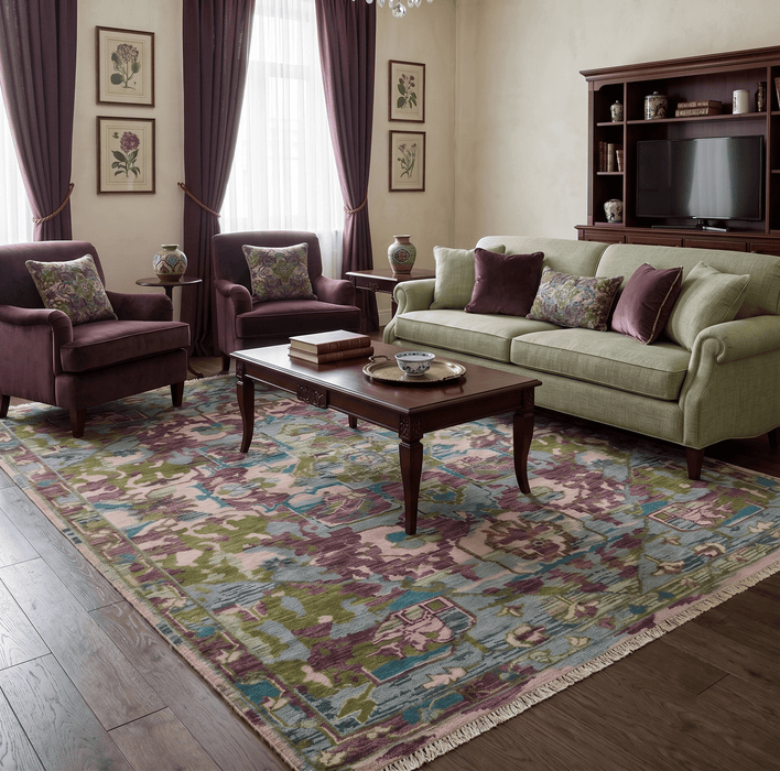 Custom Made Hand Knotted Transitional Green, Pink and Purple wool Area Rug