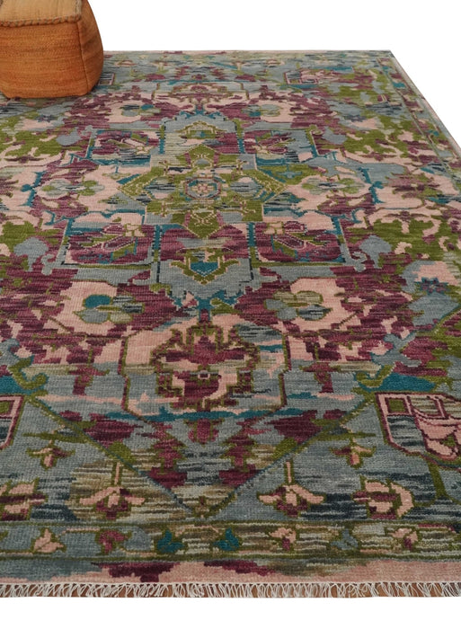Custom Made Hand Knotted Transitional Green, Pink and Purple wool Area Rug